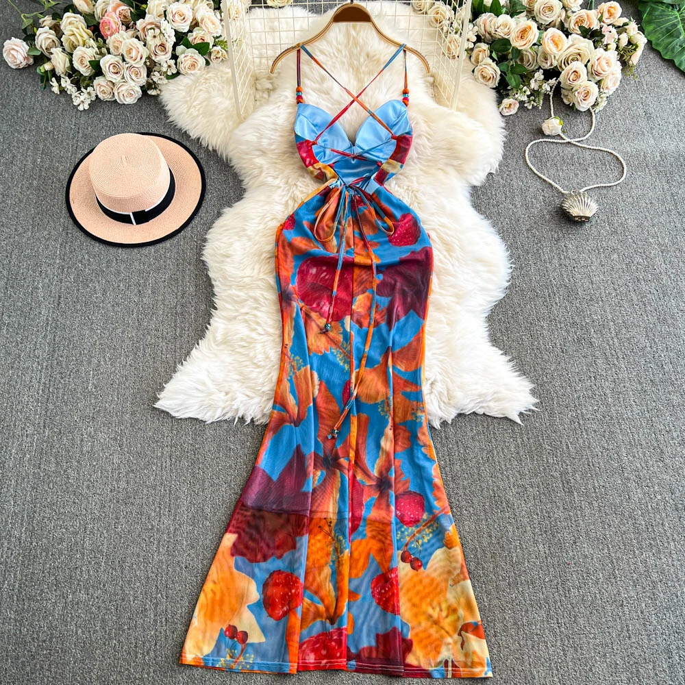 TWOTWINSTYLE Floral Printted Sexy Dresses For Women Square Collar Sleeveless Backless Party Slimming Dresses Female KDR518260