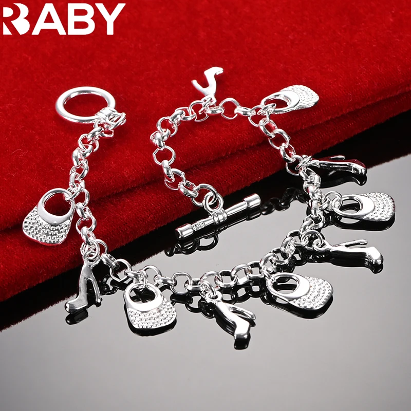 URBABY 925 Sterling Silver High Heels Shopping Bag Pendant Chain Bracelet For Woman Fashion Party Charm Accessories Jewelry