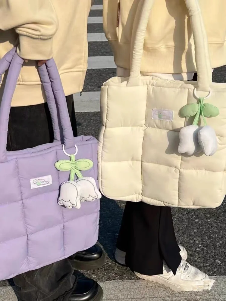 Cute Cotton-filled Shoulder Bags for Women Fashion Female Large Capacity Tote Underarm Bag Ladies Handheld Handbags Purple White