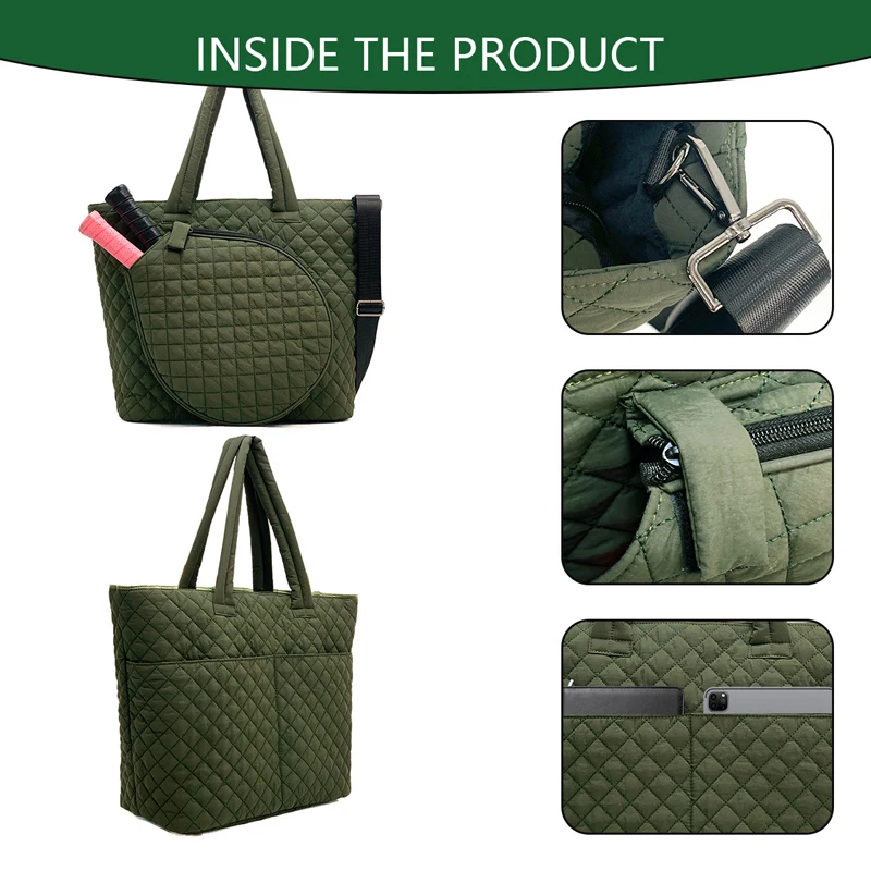 Women Pickleball Bag Large Capacity Tennis Squash Racquet Handbag Army Green Portable Padel Pickleball Badminton Shoulder Bags