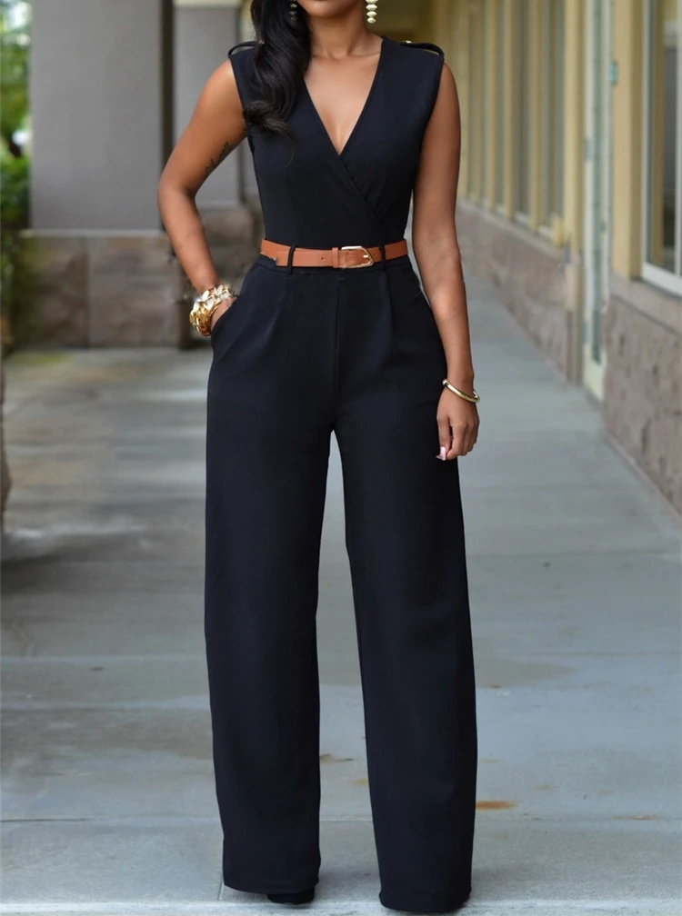 

Wide Leg Pants Playsuit Women Summer Elegant Sleeveless Sexy V Neck Office Bodysuit Fashion Jumpsuit Spring Bodycon Overalls New