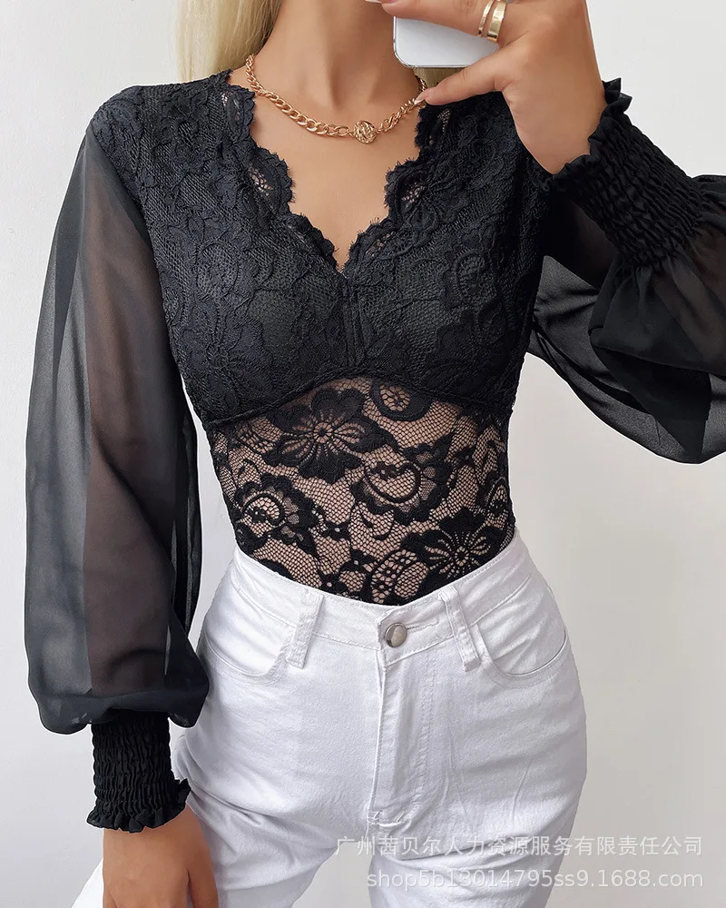 Women Lace Splice Sexy Tops V Neck Tight Waist Hollow Out T Shirt Full Sleeve Slim Fit Elegant Lady Autumn Slight Strech