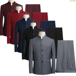2026 Men's Gray Suit Two-Piece, China Style Single Breasted Lapel Jacket with Trousers, Asian Size Wedding/Party/Business Sets