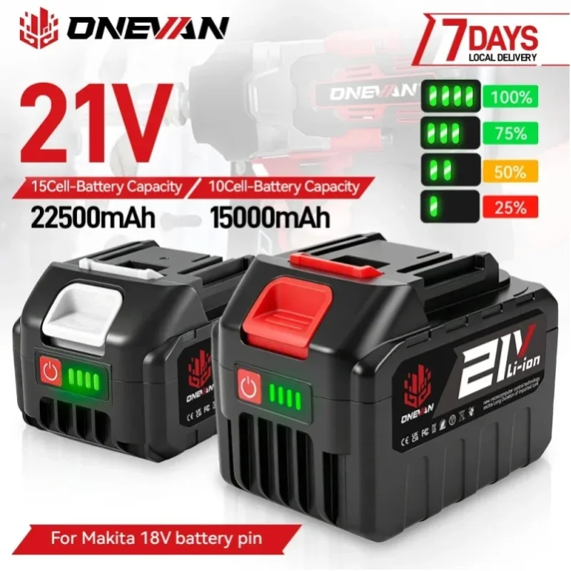 ONEVAN 15000mAh 22500mAh Wiederaufladbare Hochleistungs-Lithium-Ionen-Batterie für elektrische bürstenlose Schraubenschlüsselbohrmaschine für Makita 18V Batterieanschluss.