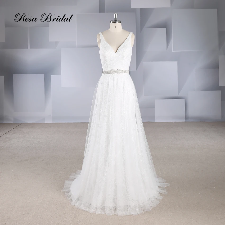 V-Neck Backless Beaded Belt A-Line Wedding Dress