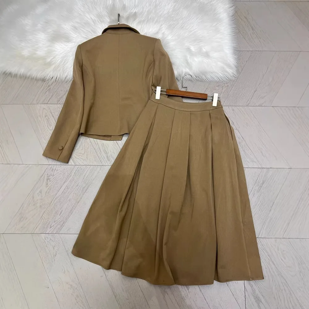 Women's Khaki Short Blazer With Midi Skirt 2-Piece Set