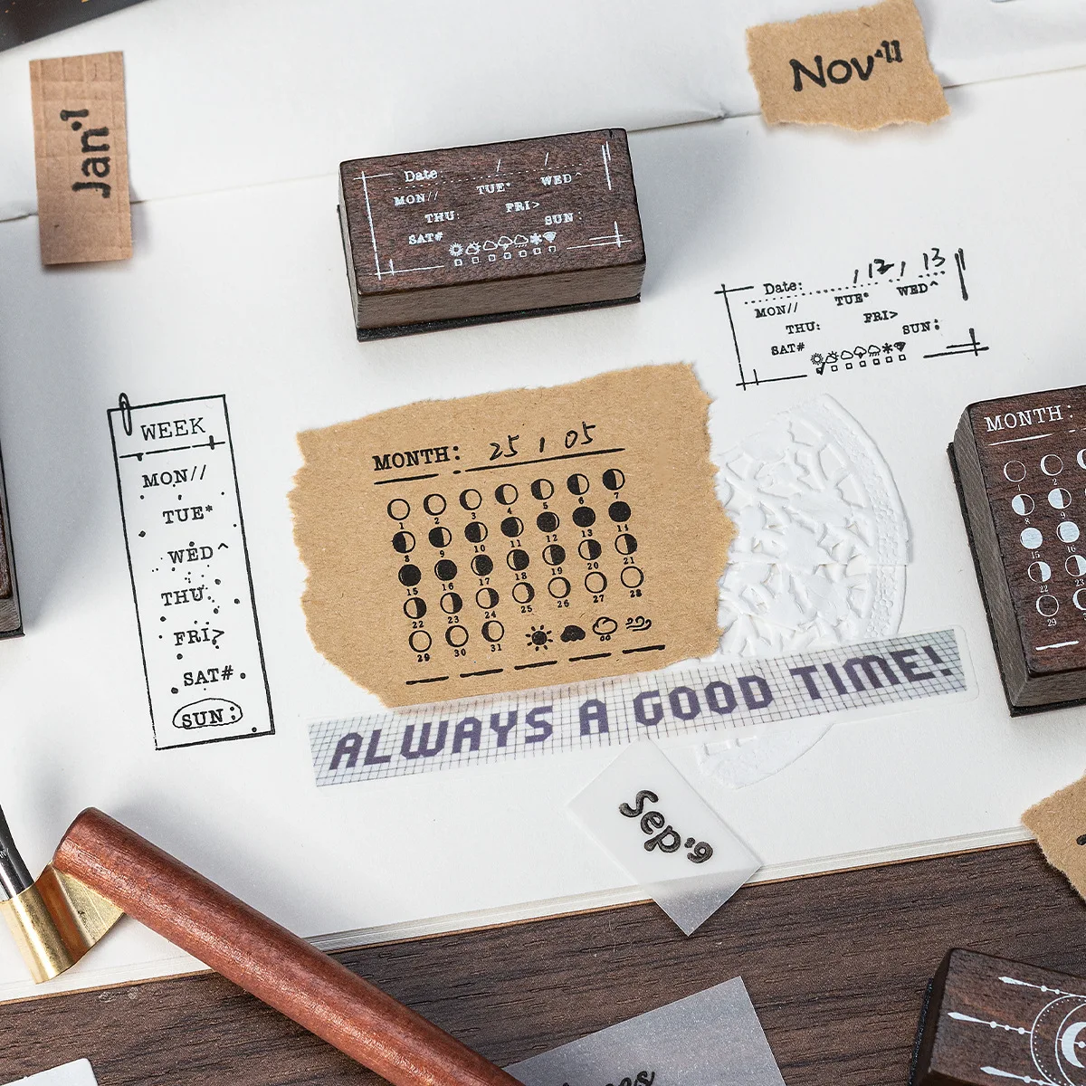 Moon Phase Starry Wooden Seal Set Perpetual Calendar Weekly and Month Account Seals 30 Moon Phase Seals School Supplies