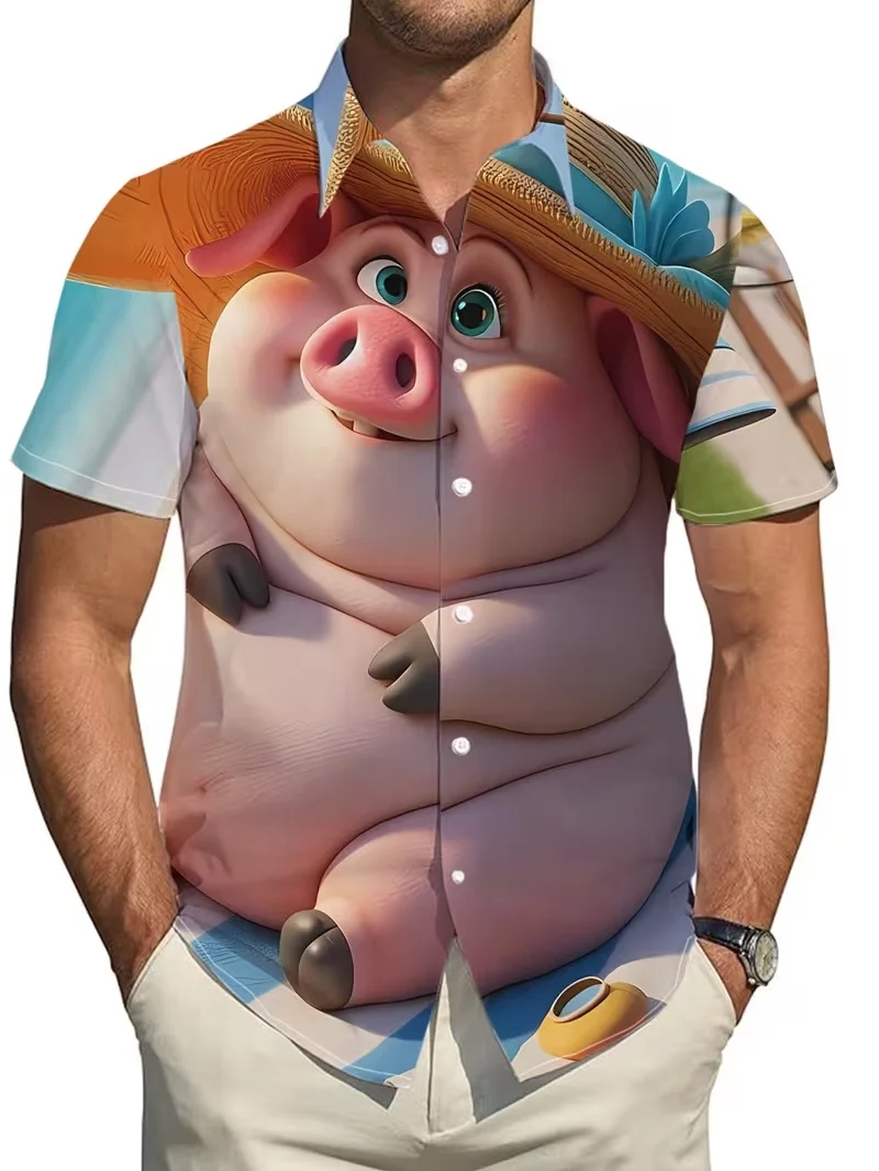 

Men's Hawaiian Shirt With 3D Surfing Pigs & Tropical Print Vibrant Short Sleeve Casual Aloha Shirt Top Regular Fit Beach Shirts