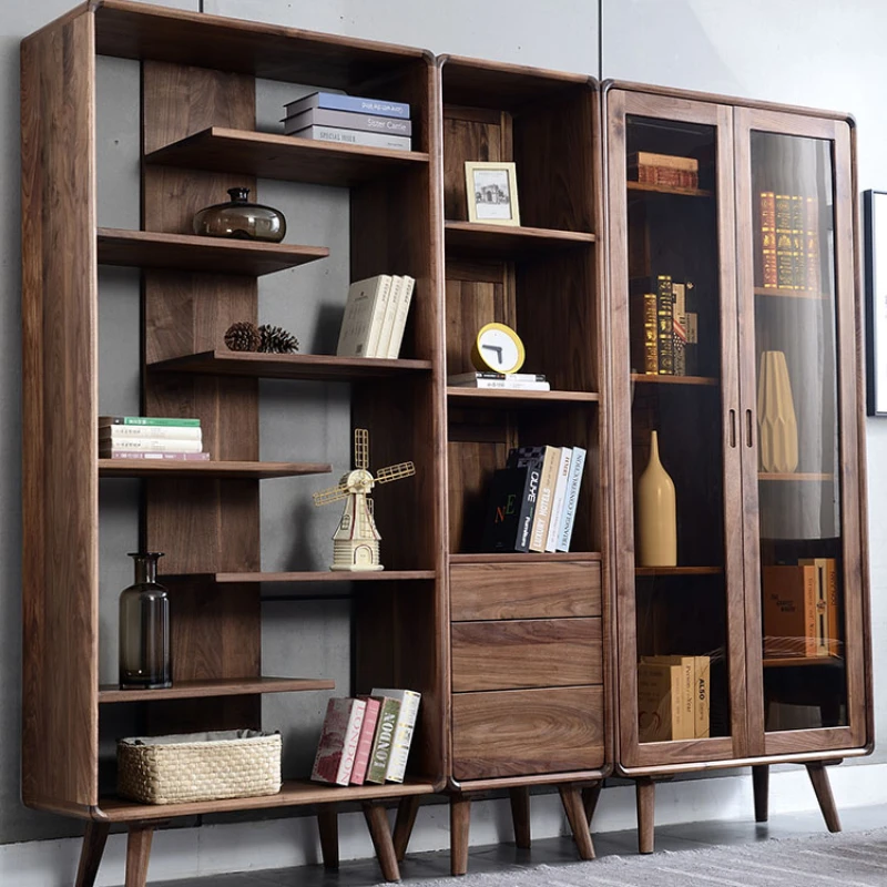 Nordic solid wood combination bookshelf glass door, floor to ceiling black walnut bookshelf storage shelf, minimalist full wall