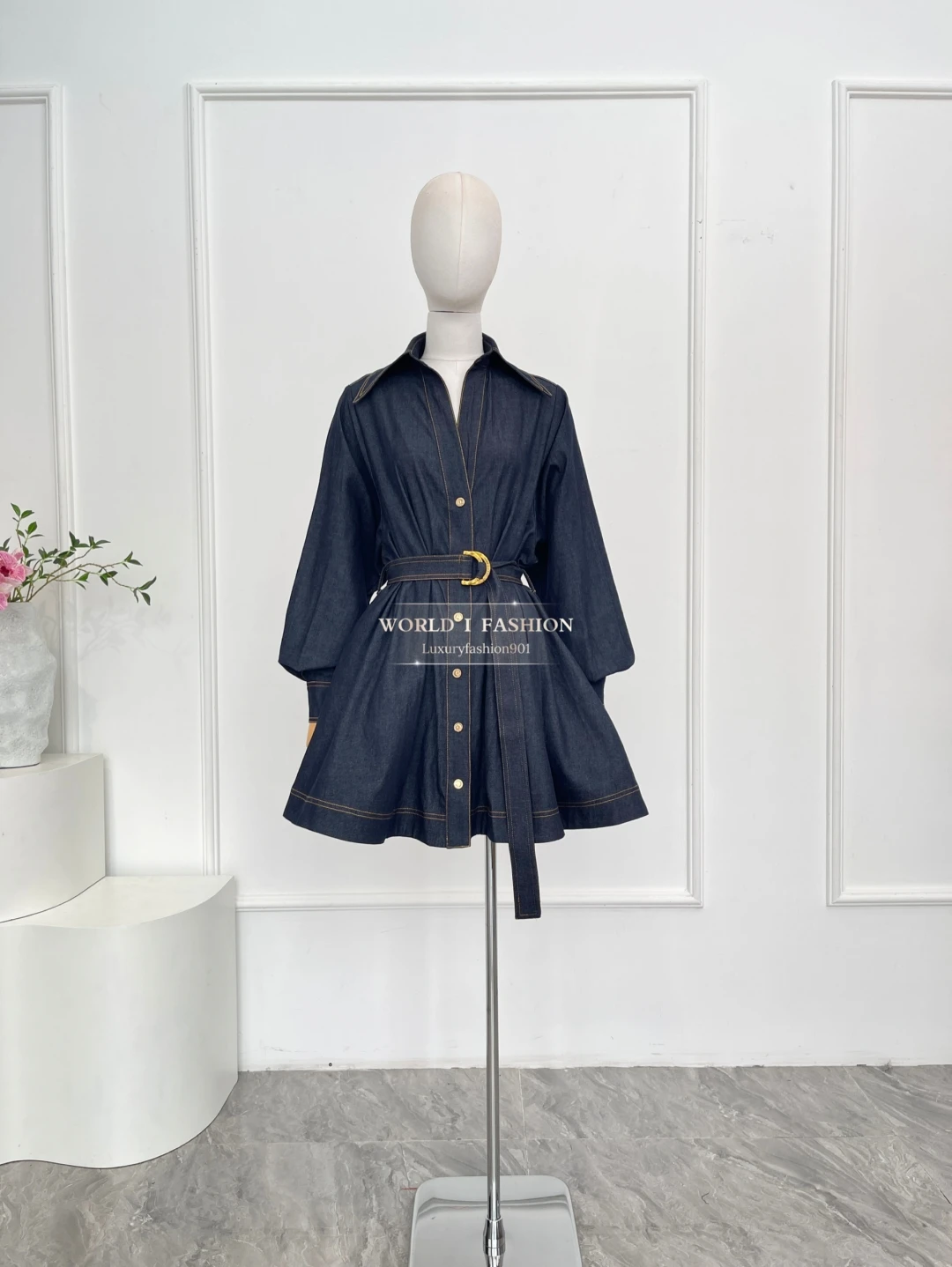 

High Quality Navy Blue Long Sleeve Denim Mini Dress for Women