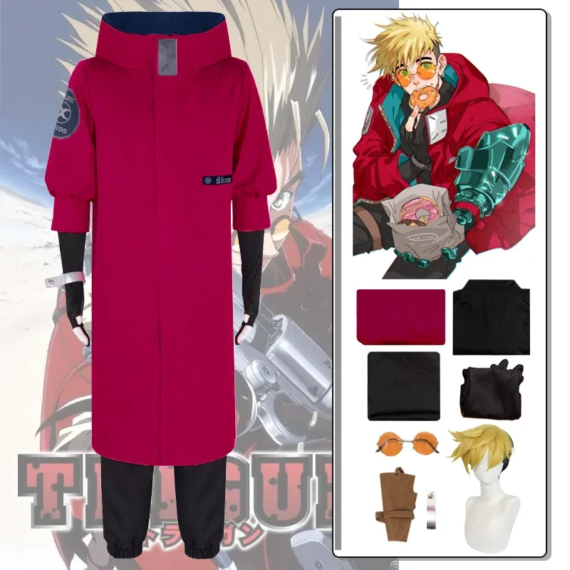 Anime Vash The Stampede Cosplay Wig Trigun Cosplay Vash Costume Red Uniform Outfits Glasses Halloween Party Clothes for Male