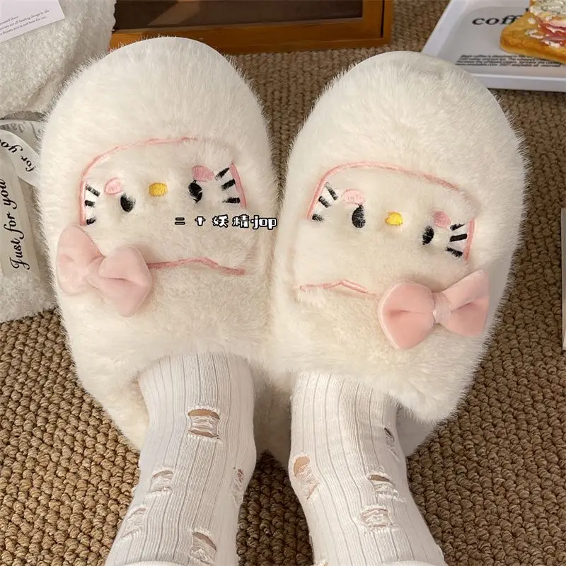 

Sanrioed Plush Slippers Cartoon Hellokittys Soft Plush Cotton Shoes Bedroom Kawaii Cute Student Women Autumn Warm Shoes Winter