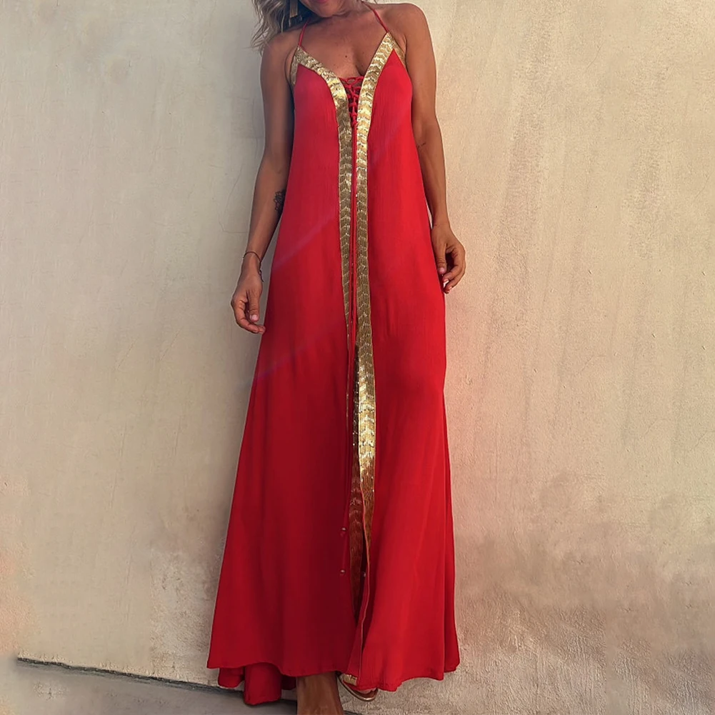 Fashionable Dress Female Ladies Slightly Elastic Solid Spring Strappy Summer V Neck Women Backless Beach Daily