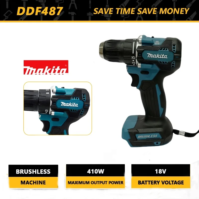 Makita-Brushless Chave de Fenda Recarregável, Impact Electric Power Drill, Cordless Tool, DHP487, 10mm