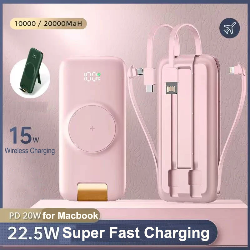 

15W Fast Wireless Charger Power Bank 20000mAh Built in Cable 22.5W QC PD 3.0 Fast Charging for iPhone 16 Huawei Xiaomi Powerbank