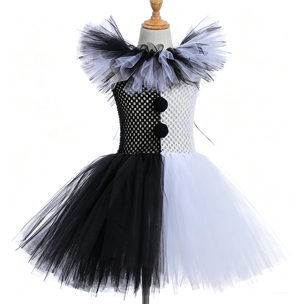 Girls Halloween Clown Costume Dress Kids Black White Scary Clown Dress with Hat Socks Gloves Set Carnival Cosplay Party Outfit
