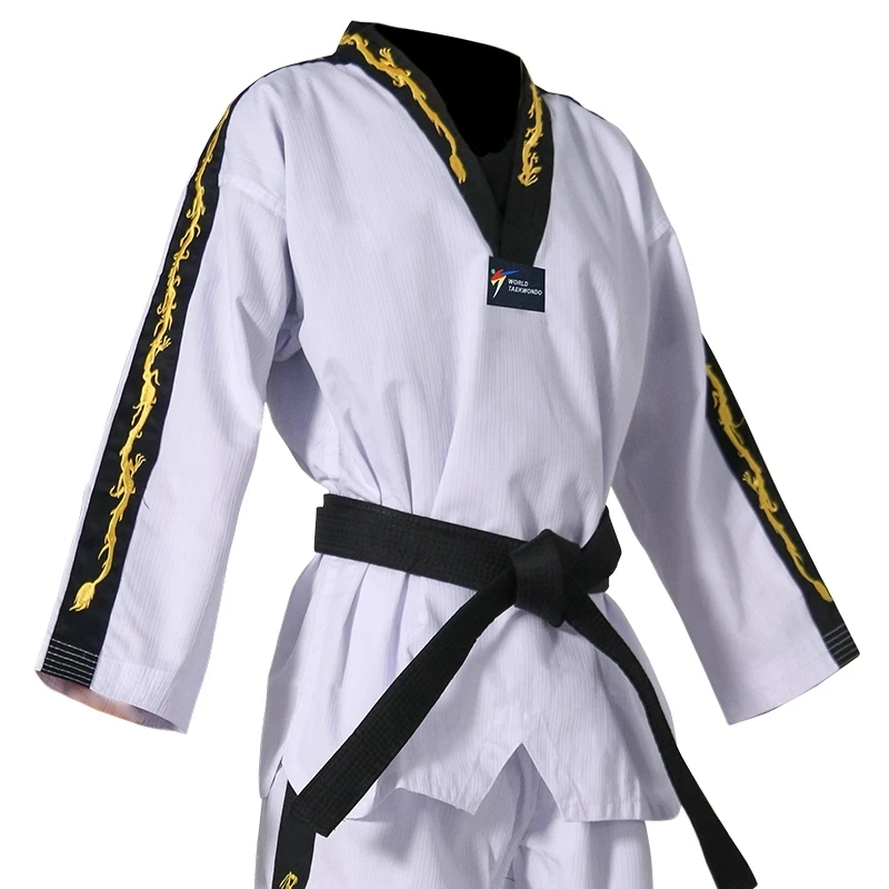 WT Approved White Taekwondo Student Dobok Adult Kids Training Suit Uniform Gi Embroidered Dragon Pattern