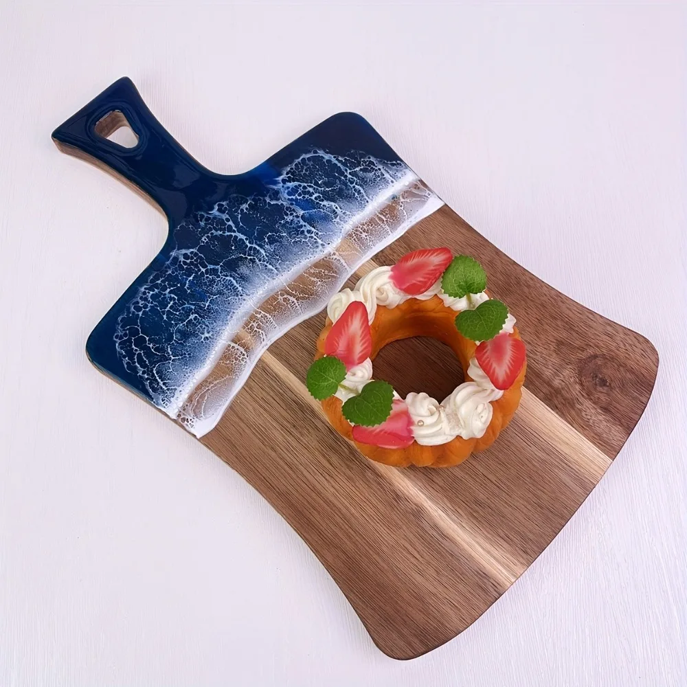 Sea Wave Pattern Resin-Wood Splicing Cutting Board Hanging Handle Rectangular Cheese Platter Thickened Chopping Block Gift