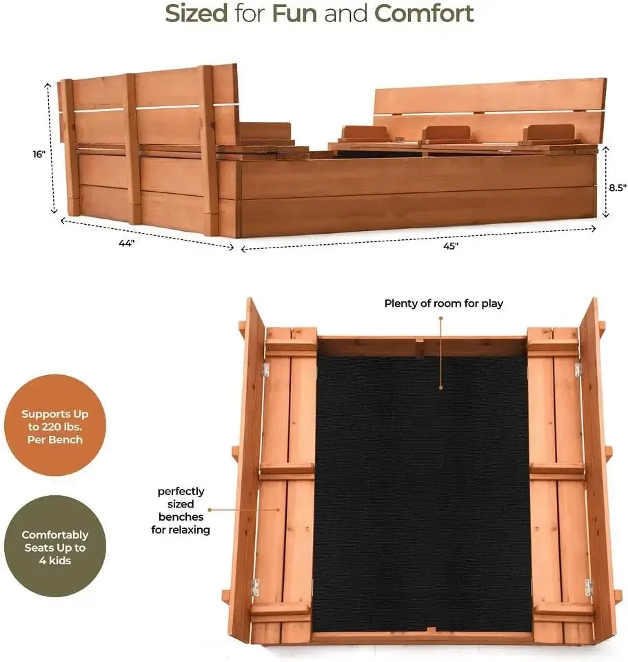 صندوق رمل خشبي كبير للأطفال مع غطاء - صندوق رمل خارجي للأطفال مع غطاء حماية من الرمال ومقاعد قابلة للطي وبطانة سفلية #5