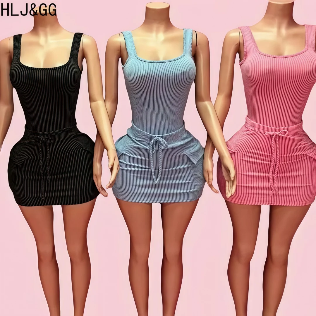 

HLJ&GG Ribber Sexy Bodysuits + Mini Drawstring Skirts Two Piece Sets For Women Sleeveless Elasticity Slim Outfit Female Clothing