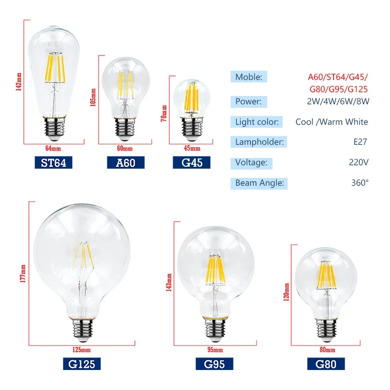 4Pcs LED Light Bulb AC220V E27 E14 2W 4W 6W 8W Led Retro Edison Filament Lamp Lampada C35 ST64 G80 Bombilla Indoor Home Luminair