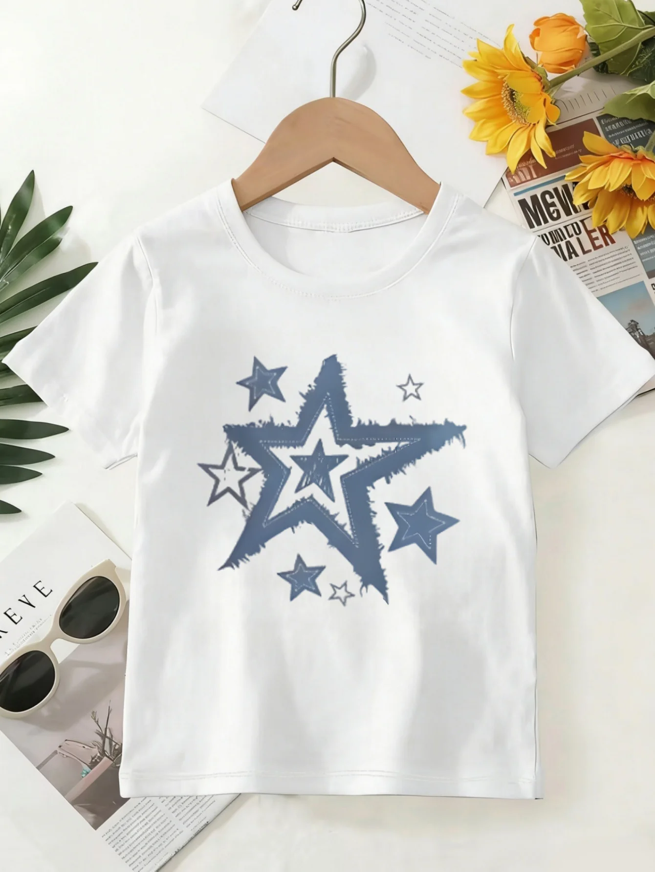 Vintage Distressed Blue Star Graphic Print T Shirt Family Matching Outfit Boys Girls Kids Short Sleeve Children Daily Tees