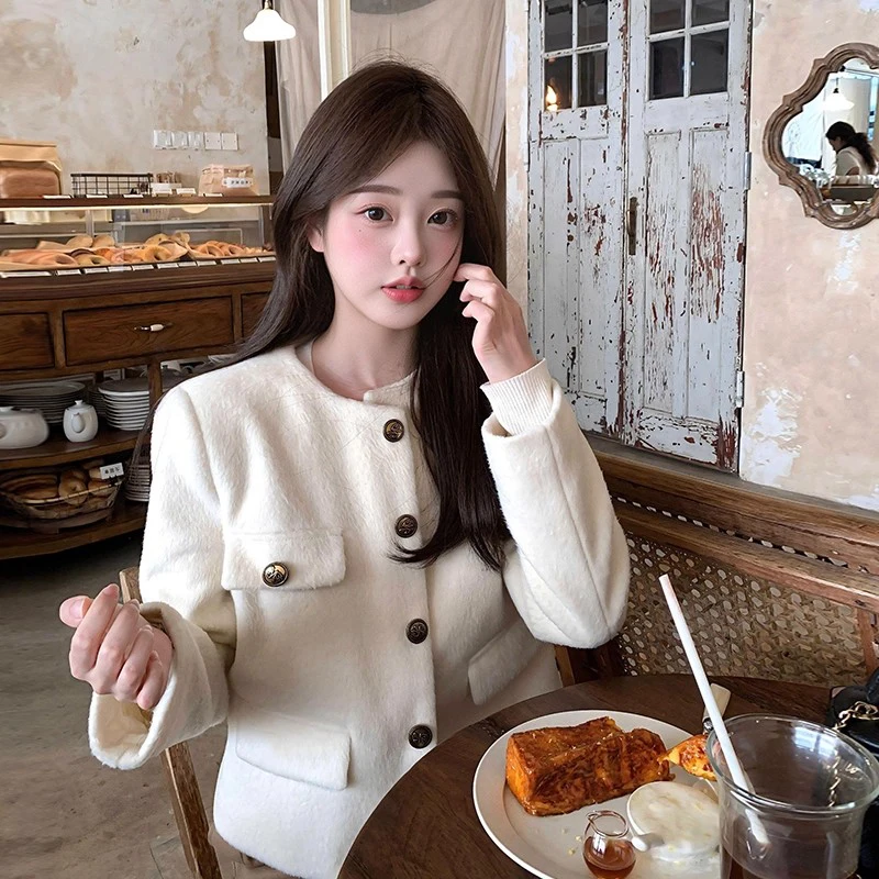 Eleganckie, krótkie płaszcze w stylu francuskim dla kobiet, jesienno-zimowe, zapinane na guziki, z długim rękawem, codzienne kurtki z okrągłym dekoltem, uniwersalne, modne bluzki do biura.