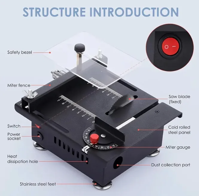 A mini desktop small circular saw suitable for transportation. DIY woodworking acrylic PVC chain saw precision model saw.