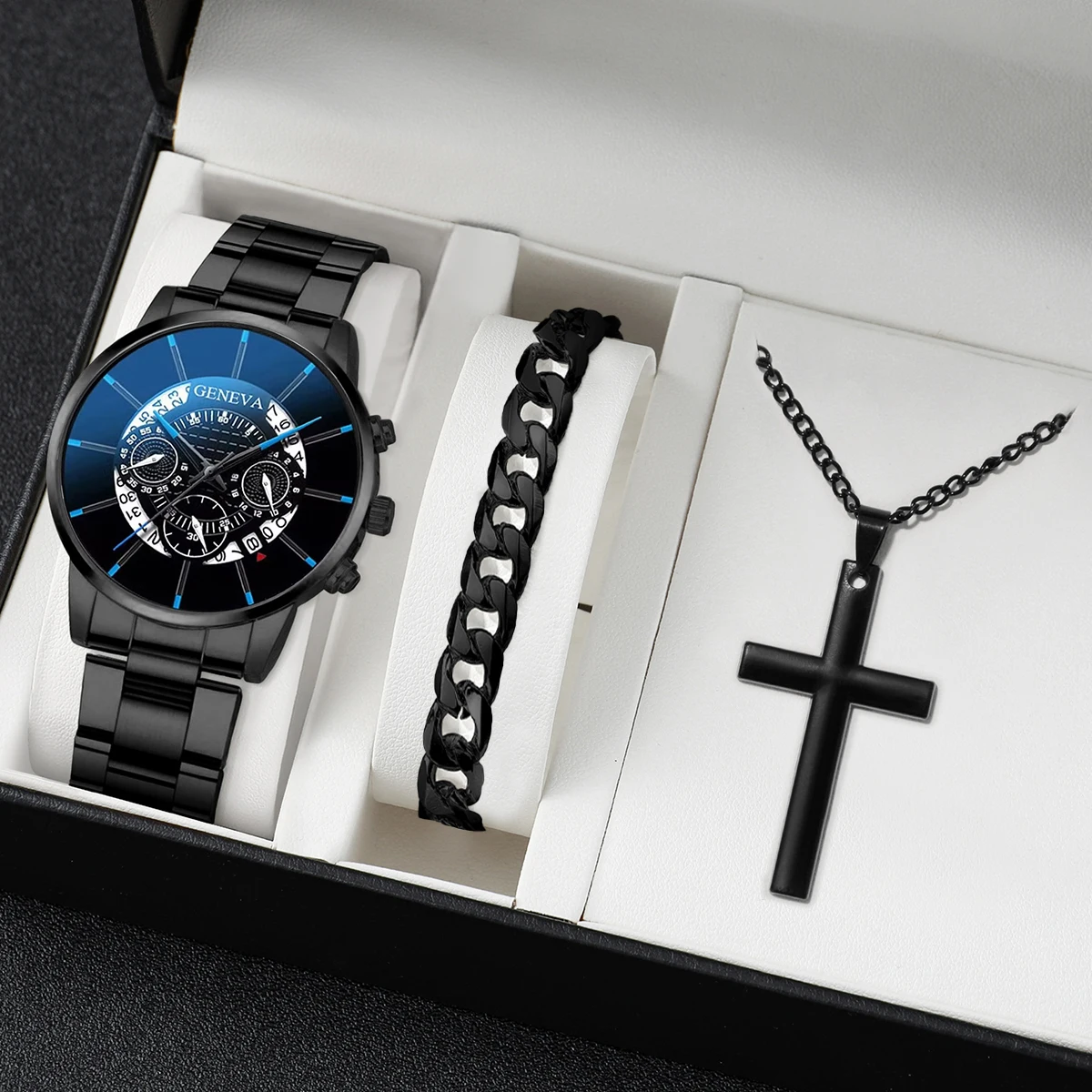 3PCS/Set Men Business Watches Fashion Steel Band Quartz Watch Male Casual Necklace Bracelet Wristwatch Set(Without Box)