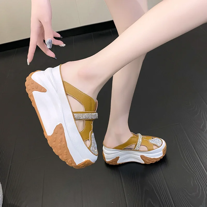 7CM Hollow Summer Sandals Wedge Heels Leather Sneakers Women High Platform Beach Flip Flops Casual Breathable Walking Slippers