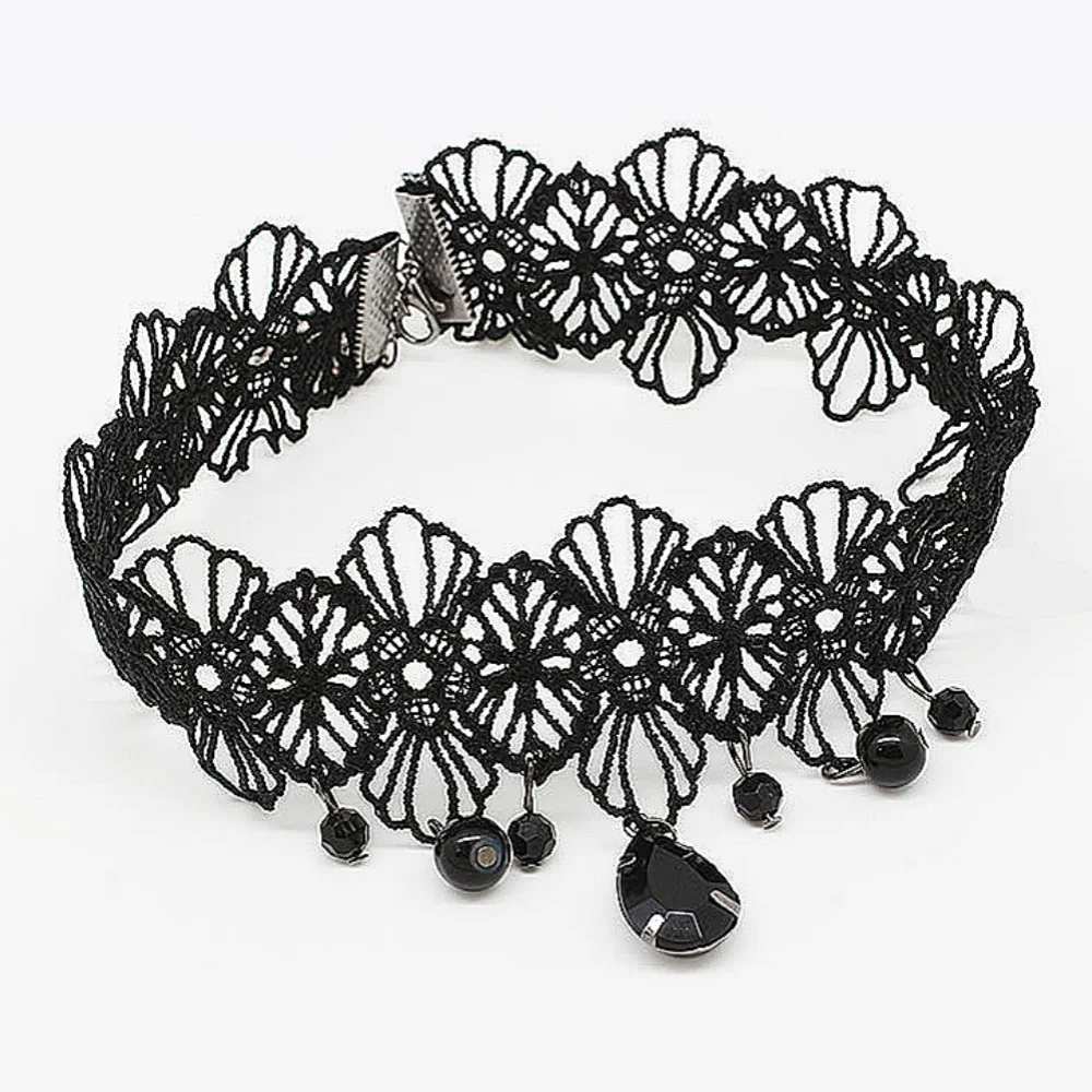 Party Jewelry Gothic Black Beaded Flowers Sexy Lace Neck Choker Necklace Vintage Tassel Chain Women Steampunk Halloween Jewelry image 6