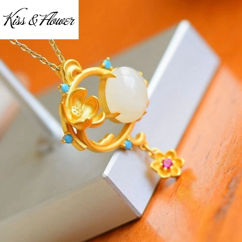 

KISS&FLOWER NK265 Fine Jewelry Wholesale Fashion Woman Girl Bride Mother Birthday Wedding Gift Lotus Jade 24KT Gold Necklace