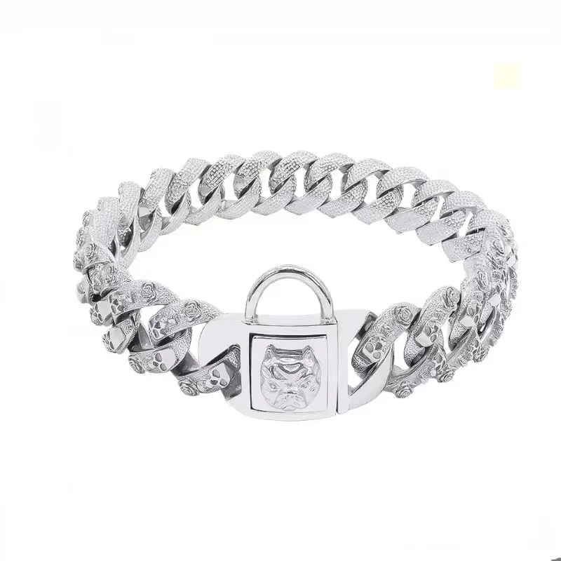 PMGPET 32mm Gold Big Dog Collar  Skull Pattern Stainless Steel Metal Pet Choker Bully Pitbull Dogo Bulldog Heavy Powerful Dogs