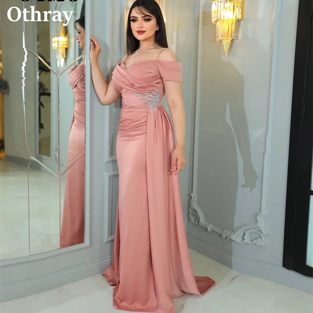 

Othray Arabic Mermaid Evening Dresses Off The Shoulder Ruffles Beaded Slit Side Women Formal Night Prom Gowns Wedding Guest