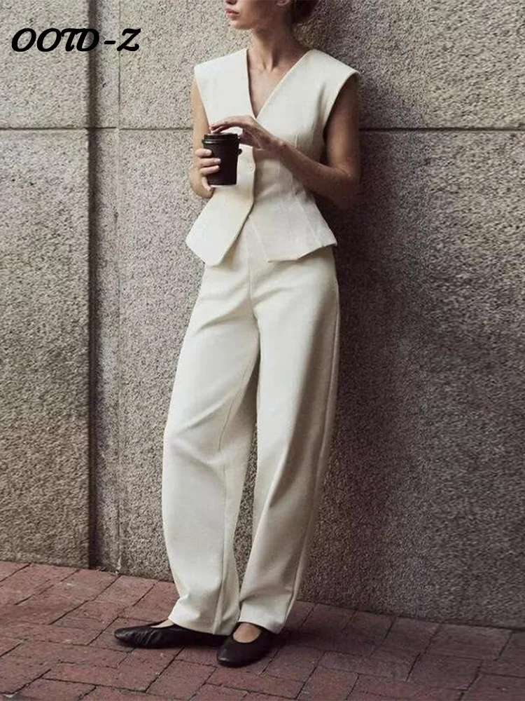 

Элегантный жилет, брючные костюмы, женские брюки без рукавов с глубоким v-образным вырезом, широкие брюки, женский брючный костюм с высокой талией, весна-лето 2024, женский комплект