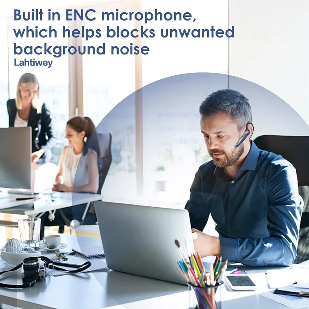 سماعة رأس بخاصية البلوتوث Lahtiwey مع ميكروفونات مزدوجة لإلغاء الضوضاء للمكالمات بدون استخدام اليدين، سماعة أذن بلوتوث 5.3 لاسلكية مع كتم الصوت