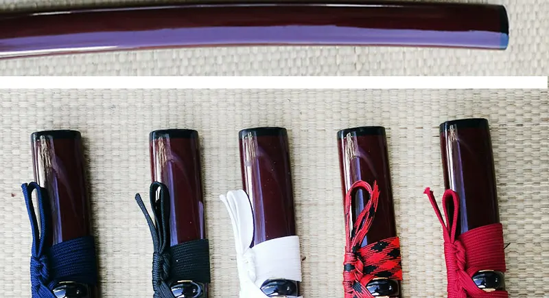 Japanische Schwertscheide, Holz-Saya-Scheide, Kirschholzfarbene Bemalung, 76cm Länge, Polyester-Seil Sageo, Samurai-Schwertscheide – Detail 6