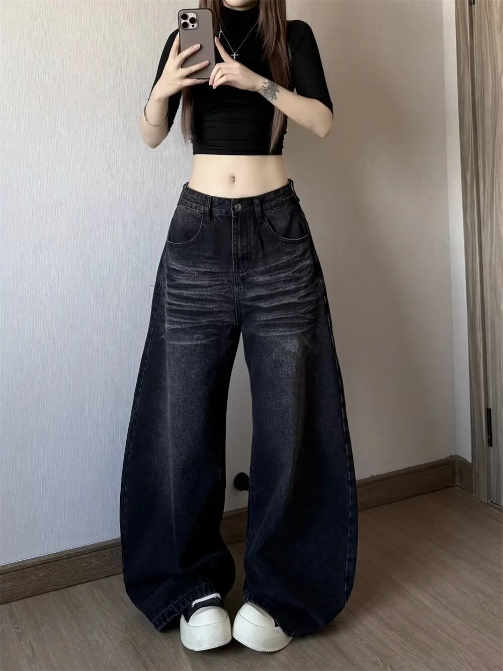 Koreańskie jeansy vintage z wysokim stanem, damskie, wyszczuplające, o kroju łezki, luźne, proste, z rozszerzanymi nogawkami, czarne, szare, szerokie spodnie dżinsowe, nowe.