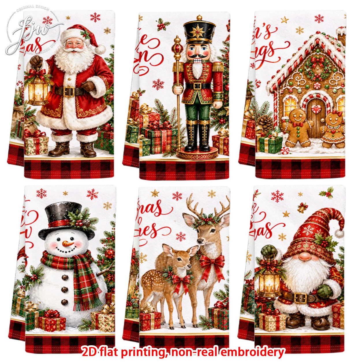 6pcs Christmas Kitchen Towels Vintage Santa Nutcracker Gnome Snowman Reindeer Gingerbread House Dish Towels for Holiday Decor