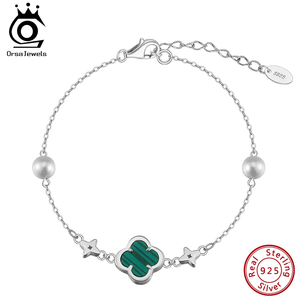 ORSA JEWELS 925 Sterling Silver Green Malachite Four-Leaf Clover Bracelet O-Chain With Shell Pearl Symbol Of Riches & Luck GMB69