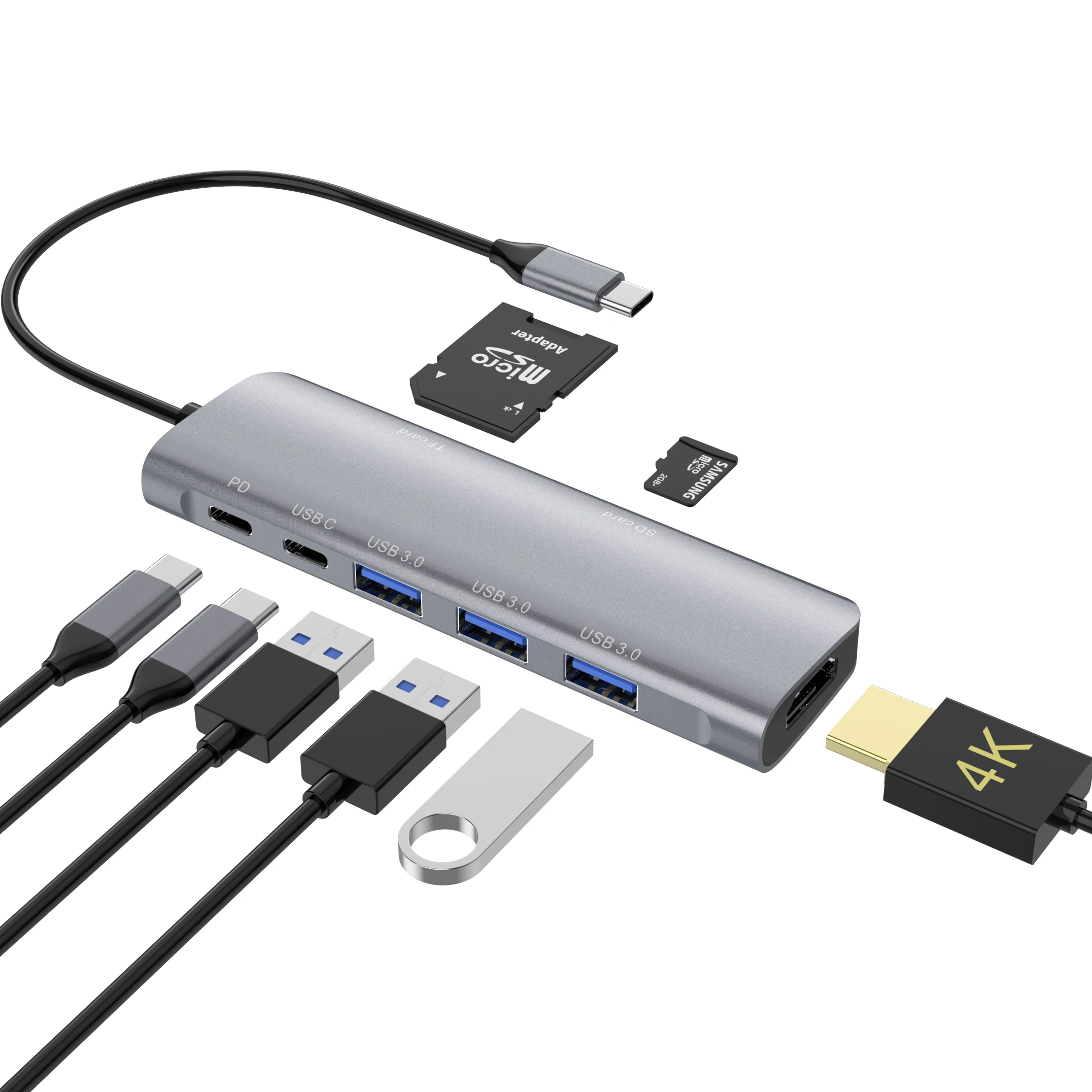 8-in-1 USB Hub with Multiport Dock USB 3.0 Type-C TF/PD Reading 3.5mm Audio Jack Aluminum Alloy in Stock