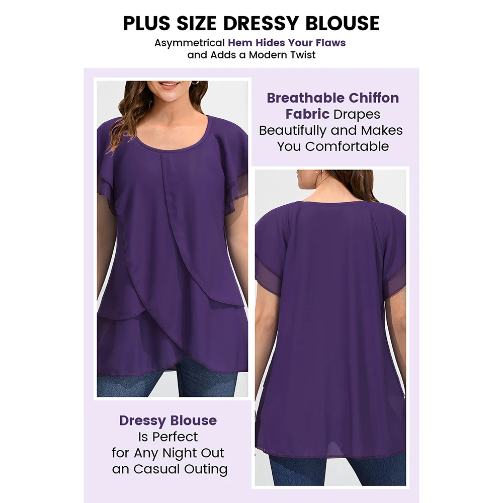 Chemise décontractée en mousseline de soie pour femme, ourlet asymétrique superposé, manches à volants, violet foncé, grande taille