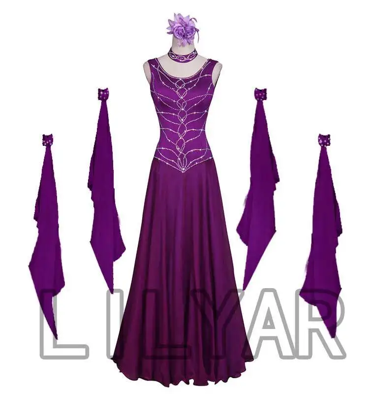 Nuovo abito da competizione professionale Gonna da ballo altalena grande Abito da ballo moderno per valzer Gonna da ballo quadrata Viola