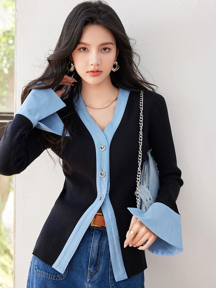Maglione lavorato a maglia da donna autunno New Splicing Contrast Color top Cardigan lavorato a maglia con scollo a v delicato Fashion Niche Design