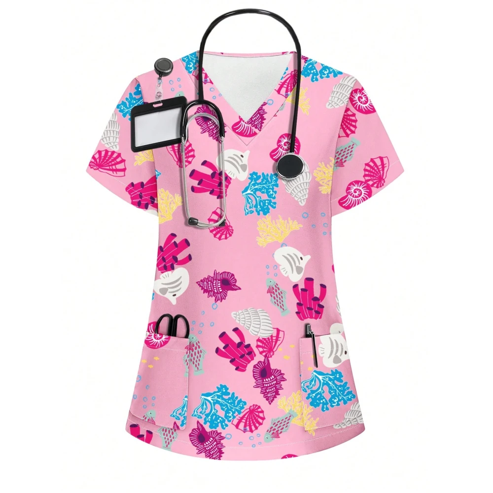 Cartoon Animal Nursing Scrubs Tops Women Nurse Uniform Women Fashion V-Neck Pocket Overalls Medical Uniforms Uniformes Woman ﻿