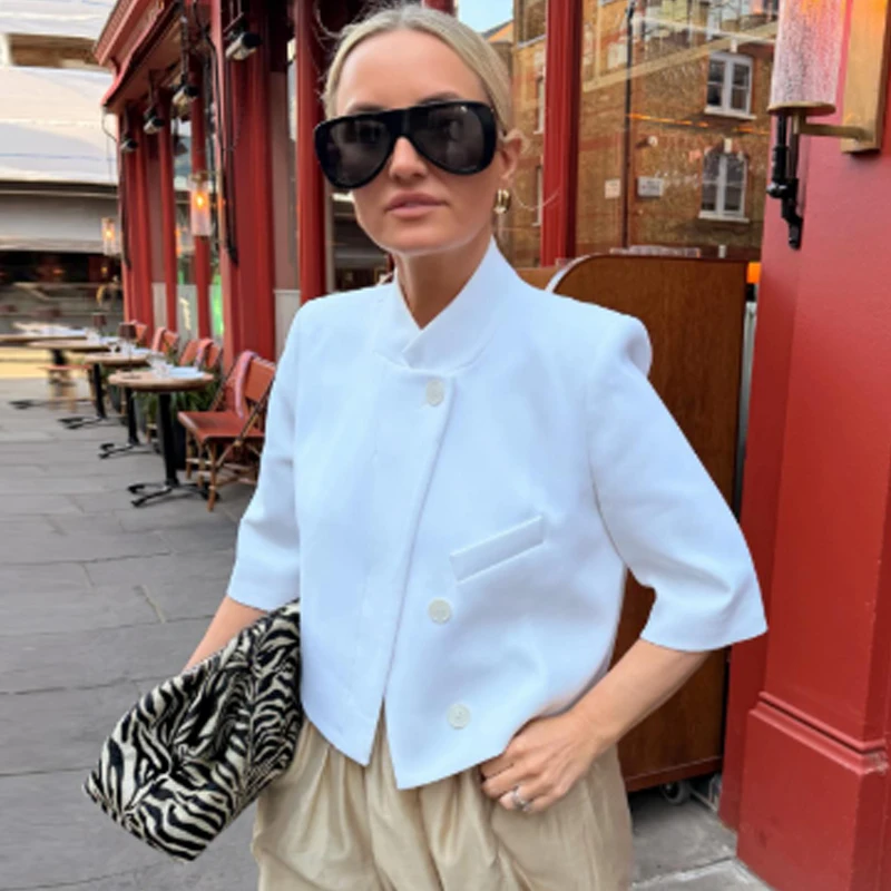 Blazer Blanco Asimétrico HXAO para Mujer, Verano 2026, Ropa de Oficina, Elegante, con Botones, Manga Corta, Chaqueta de Traje a la Moda
