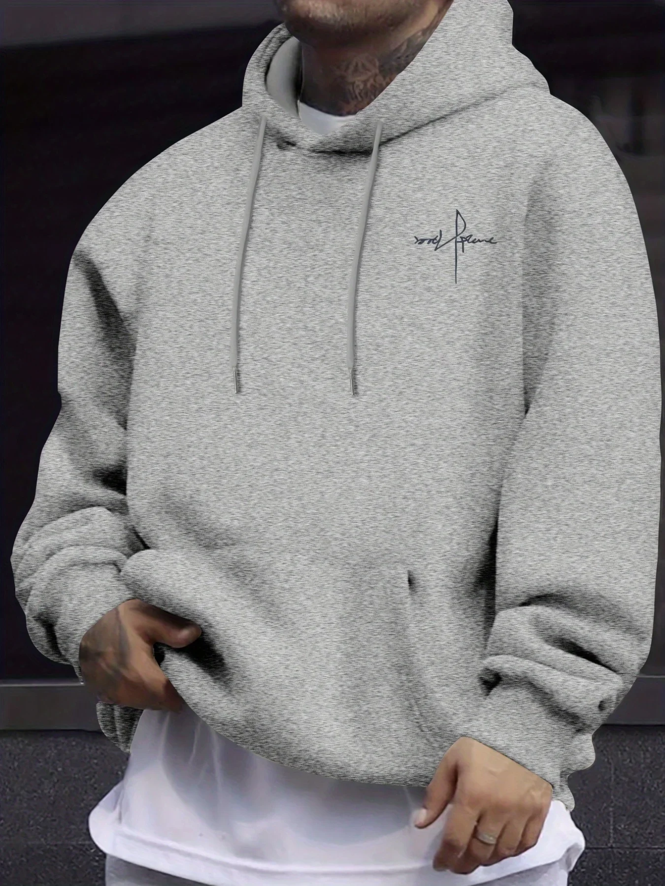 Men's Minimalistic Hoodie Autumn Winter Thin Line Cross Cursive Script Mini Graphic Urban Oversized Sweatshirt for Daily Wear