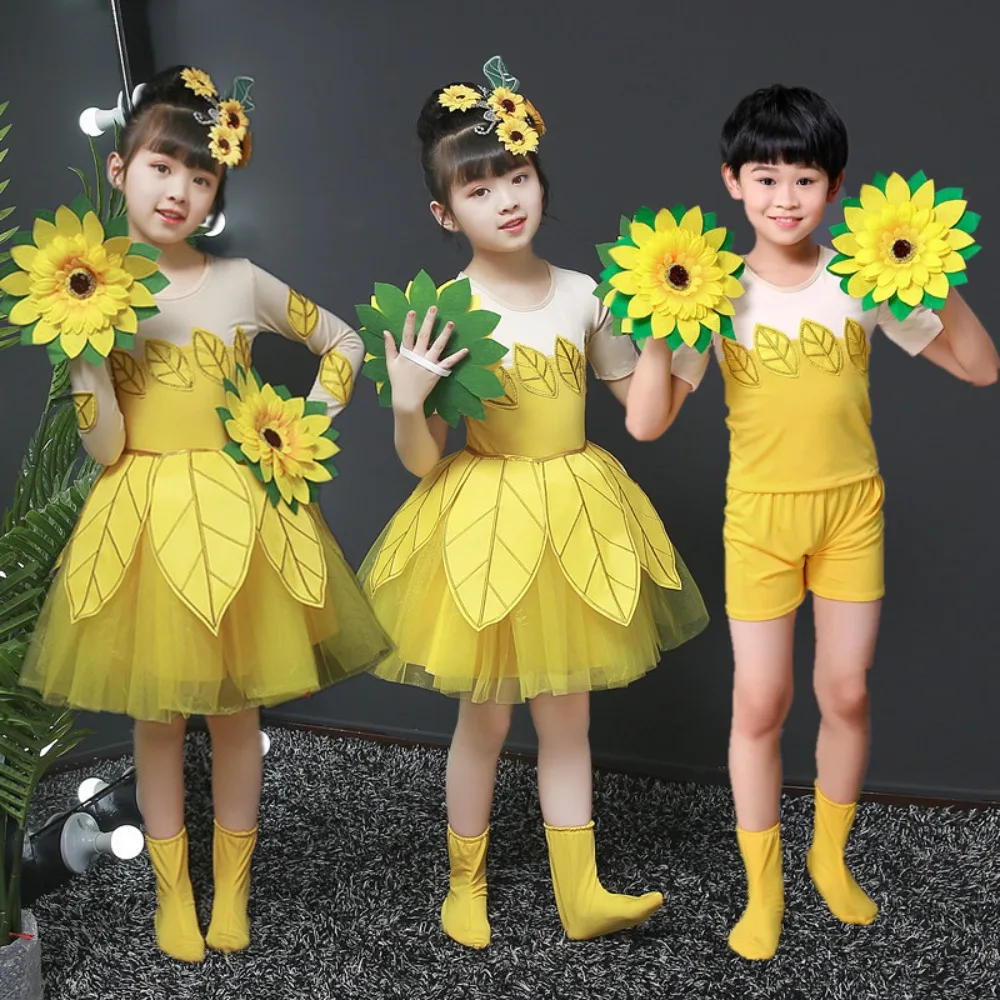 Children\'s Grass Cosplay Dance Costumes for Children\'s Day Grass Dress Girls Jasmine Green Costumes Sunflowers Puffy Gauze Skirt