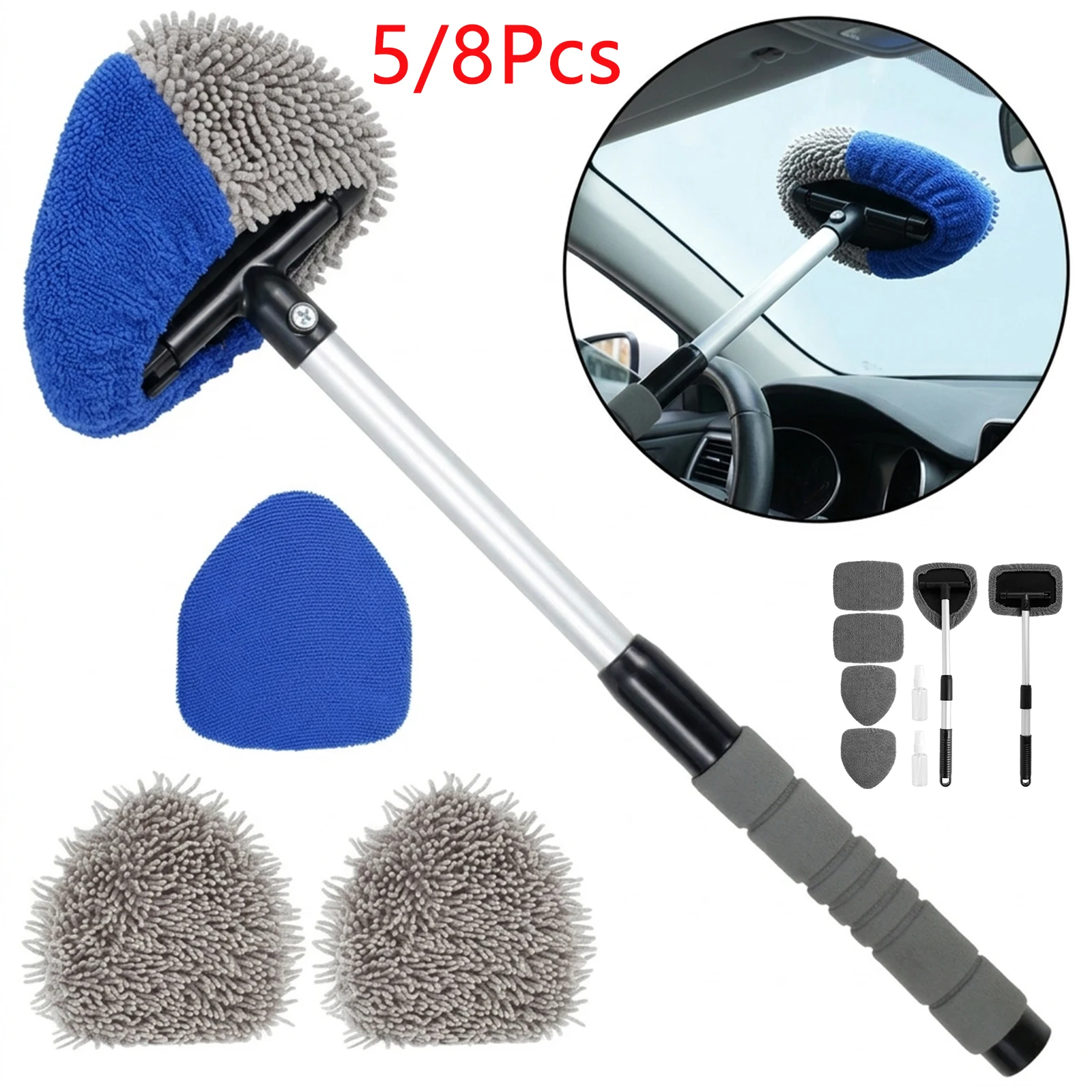 5/8Pcs Car Windshield Cleaning Brush Rotating Microfiber Car Window Cleaner Auto Interior Cleaner Tool with Extendable Handle