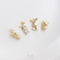 14K gold with zirconium bunny pendant three-dimensional glossy mini bear bunny charm diy bracelet charm